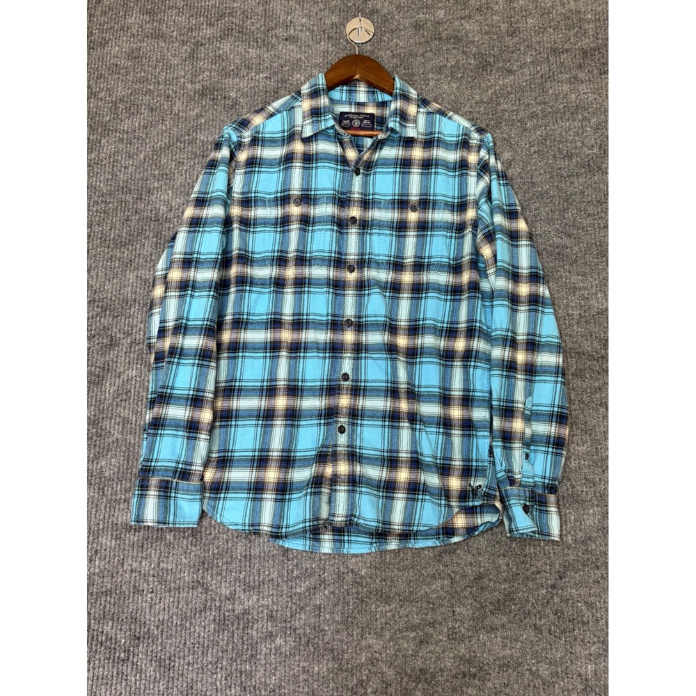 American Eagle Mens Prep Fit Blue Plaid Flannel Button Down Shirt Size Medium